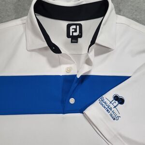 FootJoy Mens Large White Blue Smooth Pique Pieced Stripe Polo course logo sleeve
